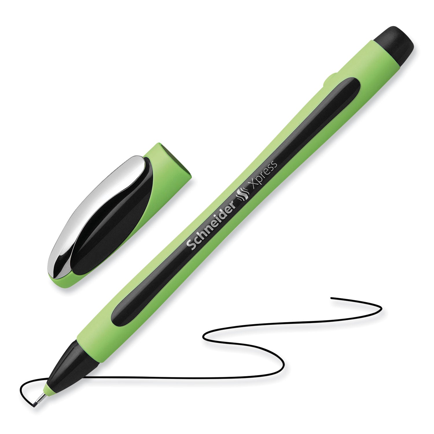 Schneider Xpress Fineliner Porous Point Pen, Stick, Medium 0.8 mm, Black Ink, Black/Green Barrel, 10/Box (190001)