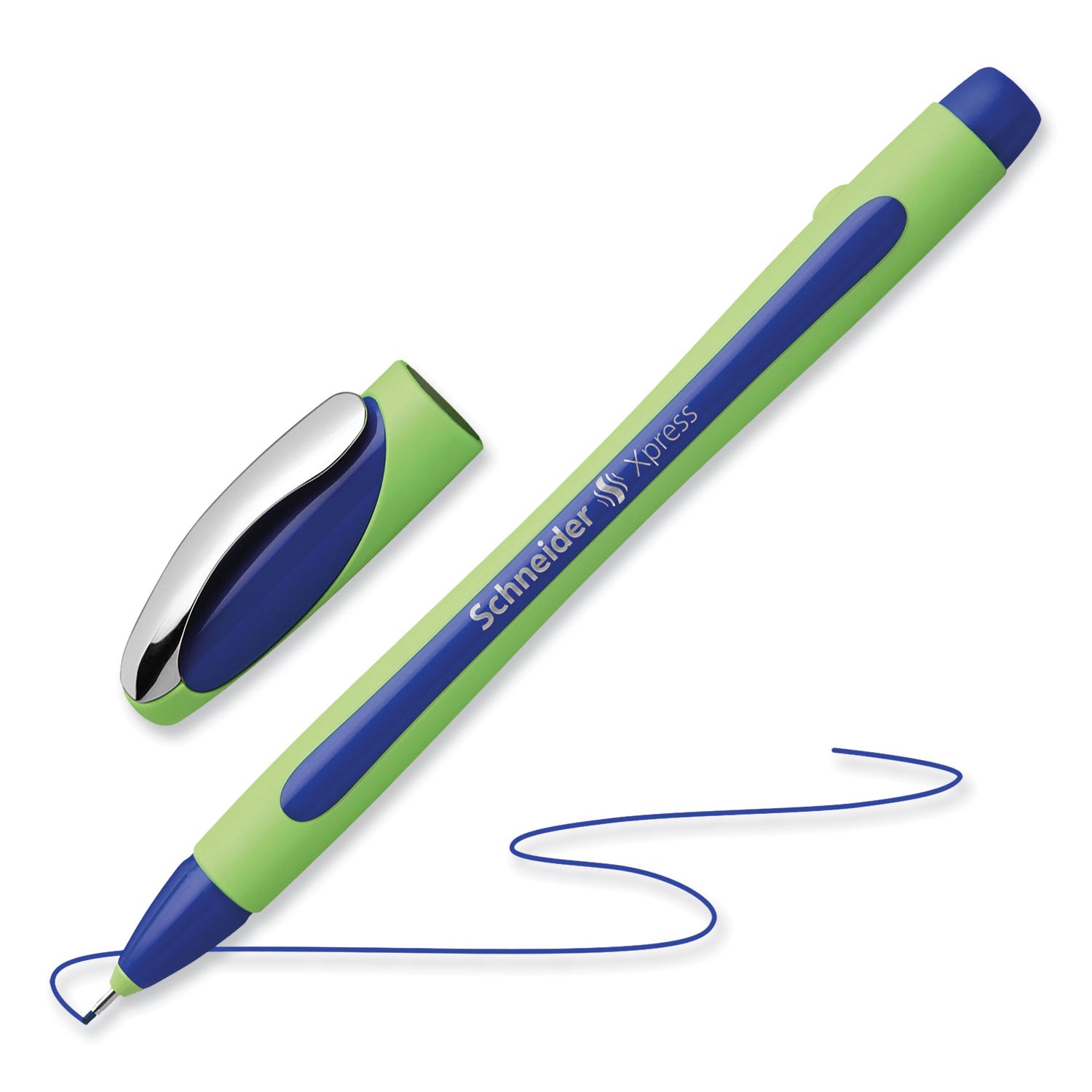 Schneider Xpress Fineliner Porous Point Pen, Stick, Medium 0.8 mm, Blue Ink, Blue/Green Barrel, 10/Box (190003)