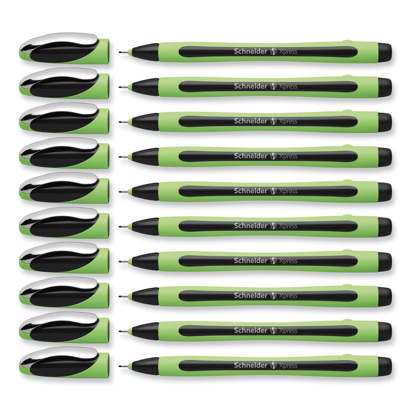 Schneider Xpress Fineliner Porous Point Pen, Stick, Medium 0.8 mm, Black Ink, Black/Green Barrel, 10/Box (190001)