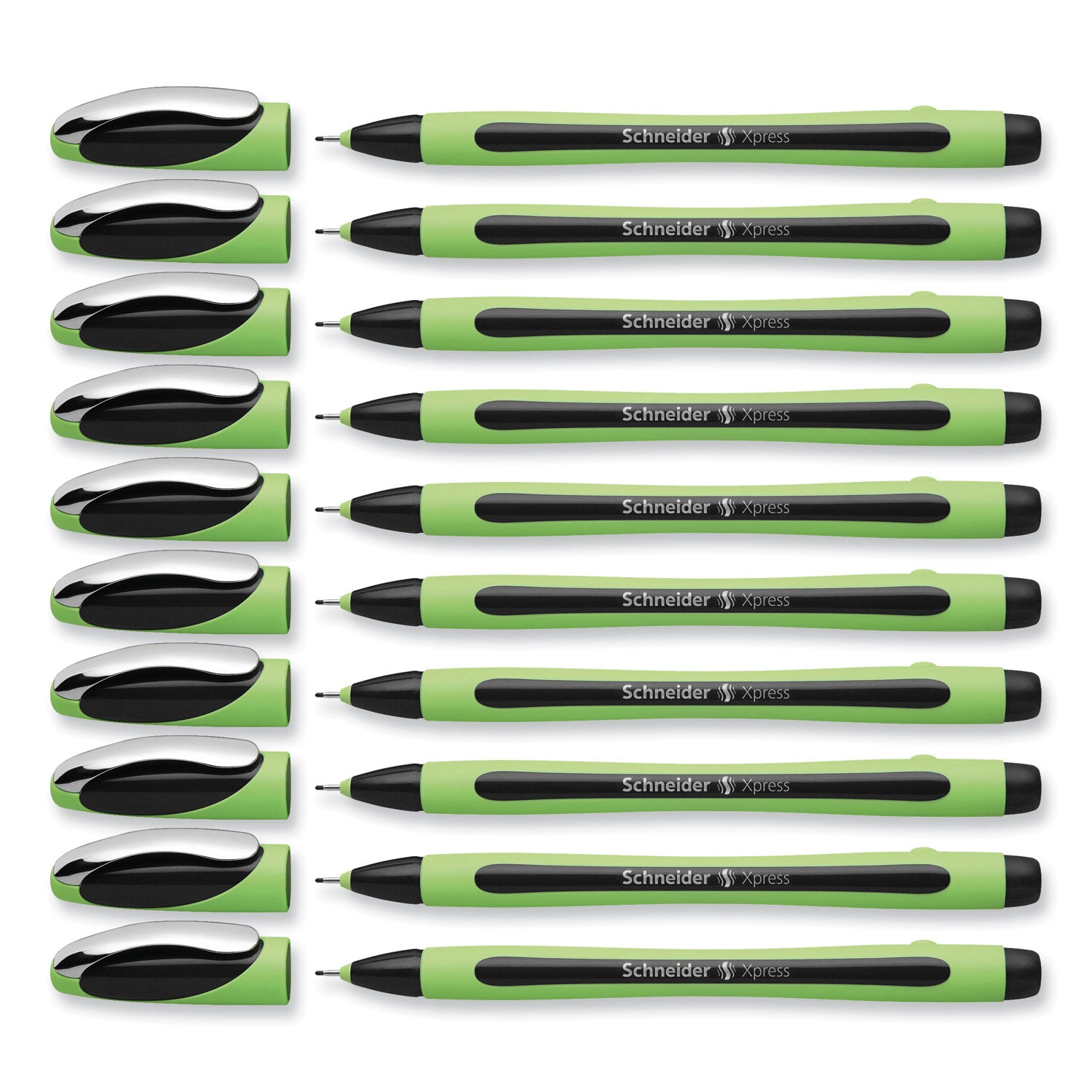 Schneider Xpress Fineliner Porous Point Pen, Stick, Medium 0.8 mm, Black Ink, Black/Green Barrel, 10/Box (190001)