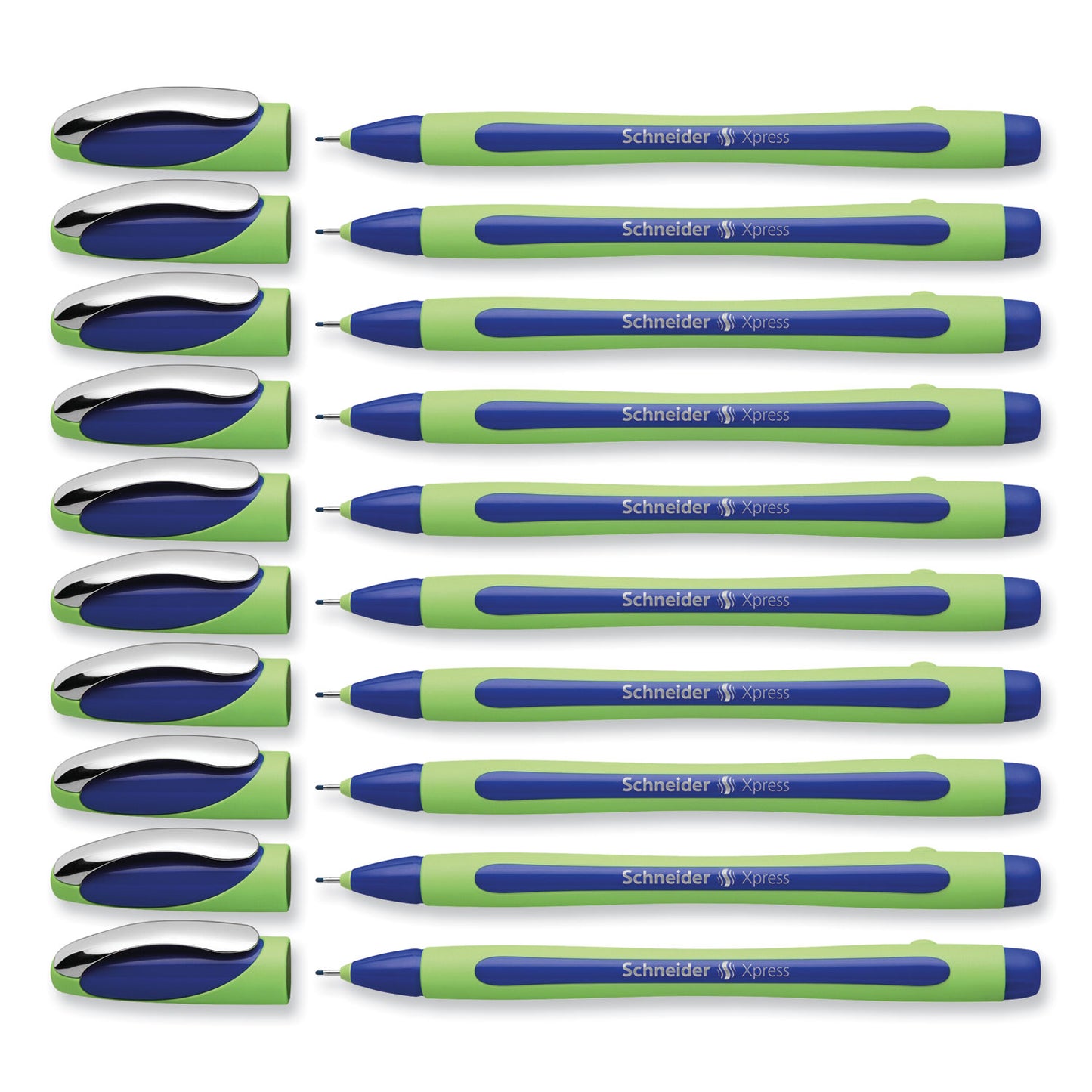 Schneider Xpress Fineliner Porous Point Pen, Stick, Medium 0.8 mm, Blue Ink, Blue/Green Barrel, 10/Box (190003)