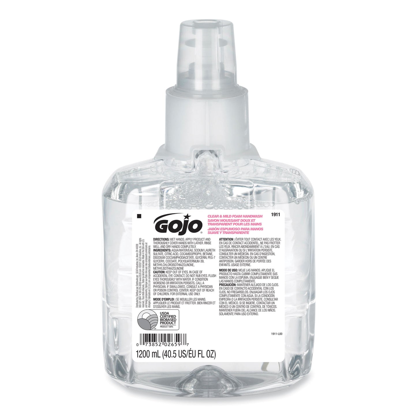 GOJO Clear and Mild Foam Handwash Refill, For LTX-12 Dispenser, Fragrance-Free, 1,200 mL, 2/Carton (191102CT)