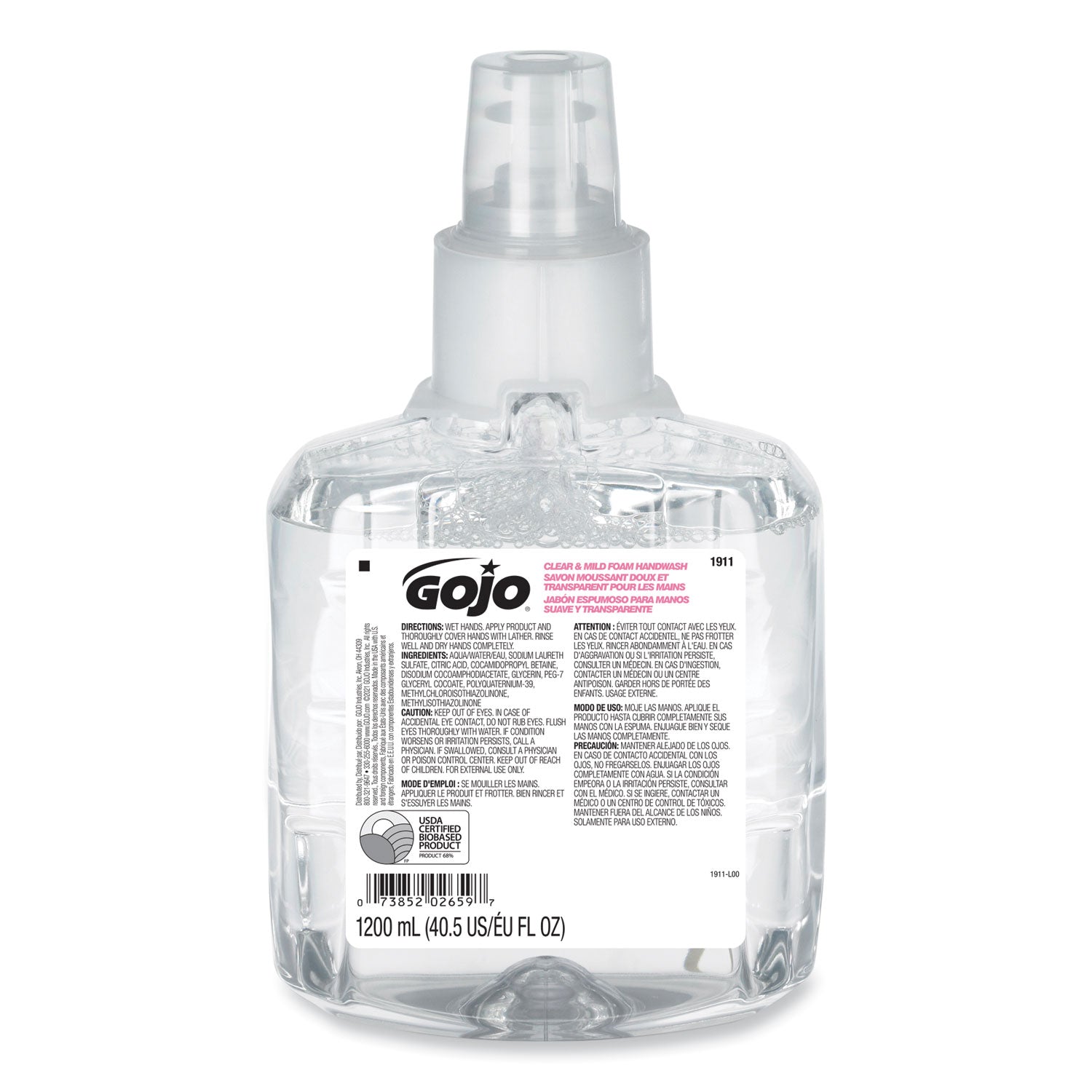 GOJO Clear and Mild Foam Handwash Refill, For LTX-12 Dispenser, Fragrance-Free, 1,200 mL, 2/Carton (191102CT)