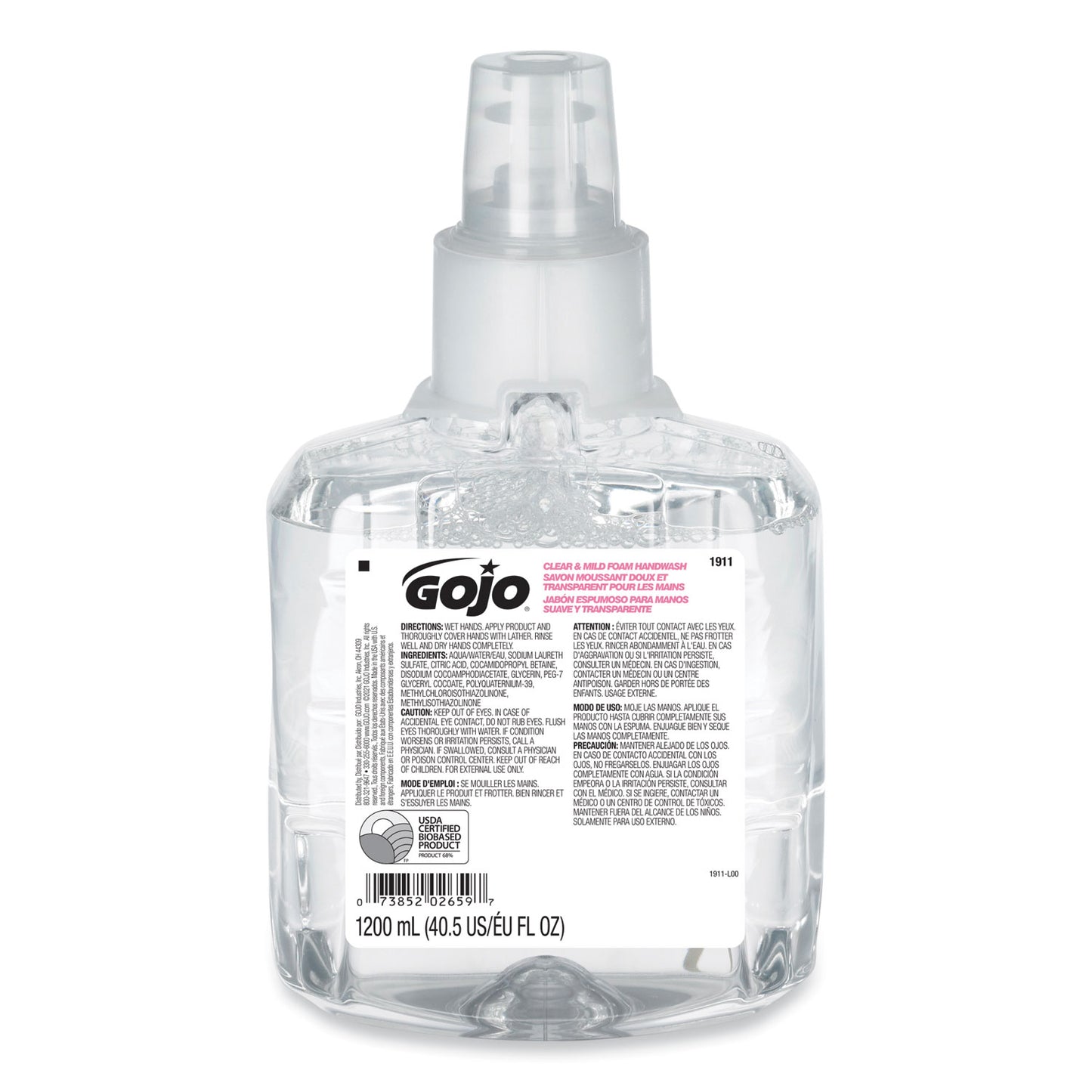 GOJO Clear and Mild Foam Handwash Refill, For LTX-12 Dispenser, Fragrance-Free, 1,200 mL (191102EA)