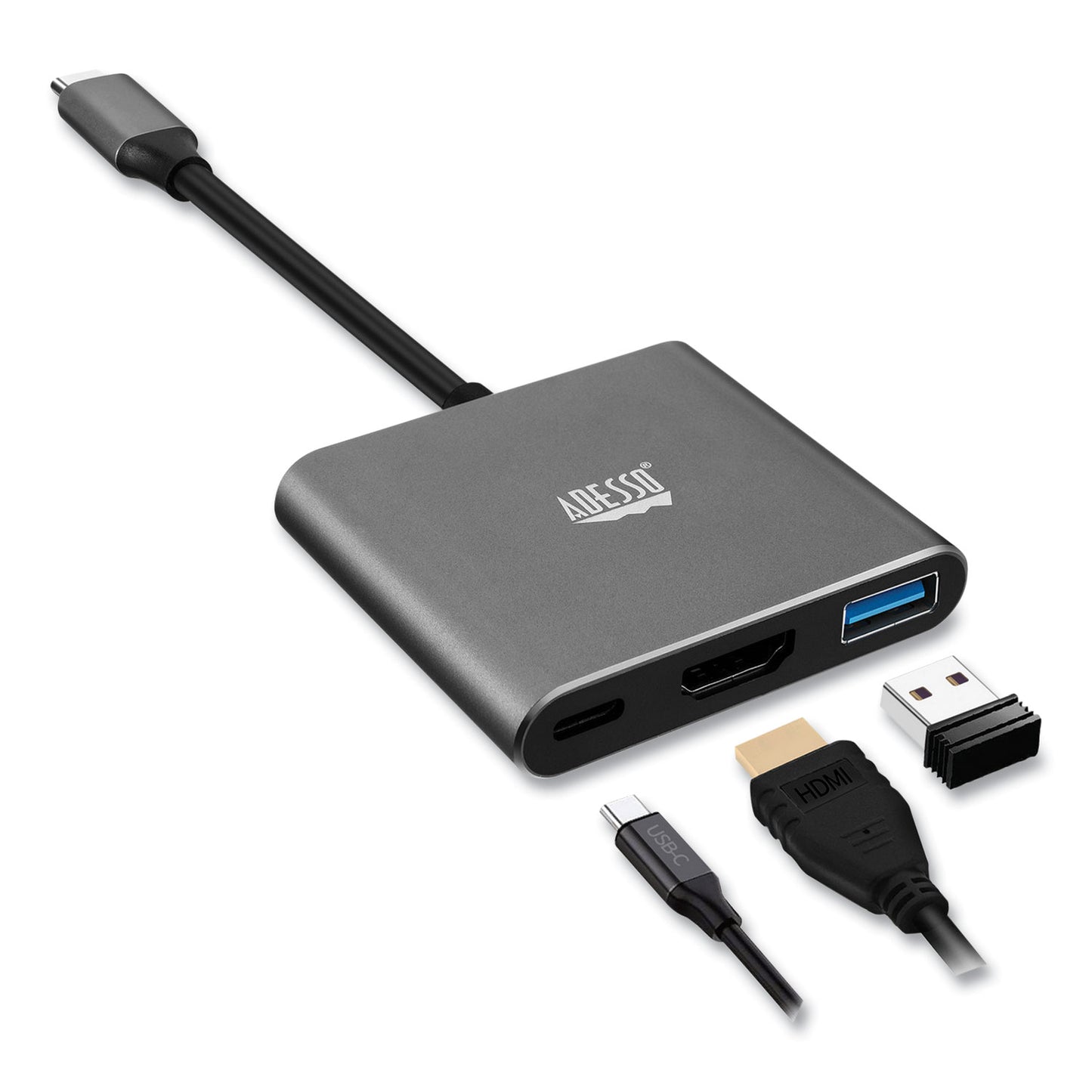 Adesso 3-in-1 USB-C Multi-Port TAA Compliant Docking Station, HDMI, USB-C, USB 3 A+PD, Black/Gray (AUH4010)