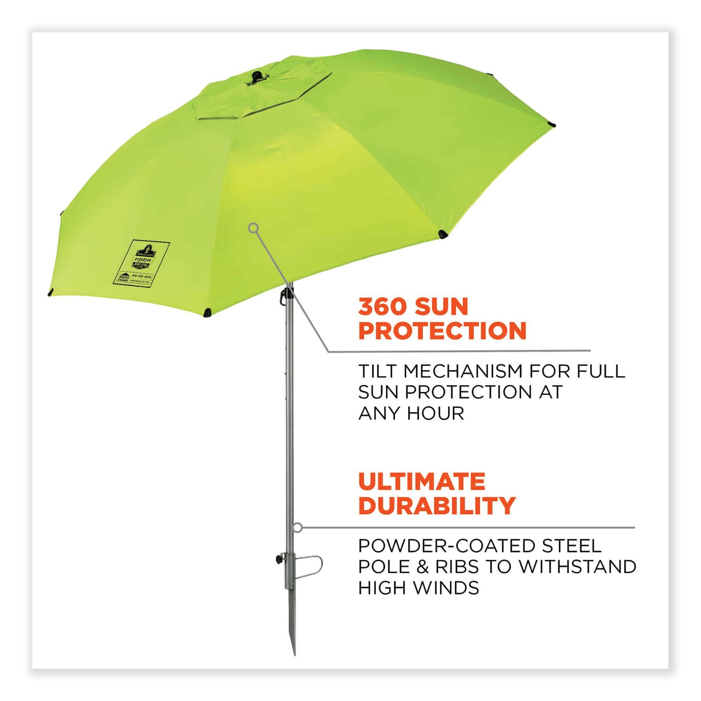 ergodyne Shax 6100 Lightweight Work Umbrella, 90" Span, 92.4" Long, Lime Canopy (12967)