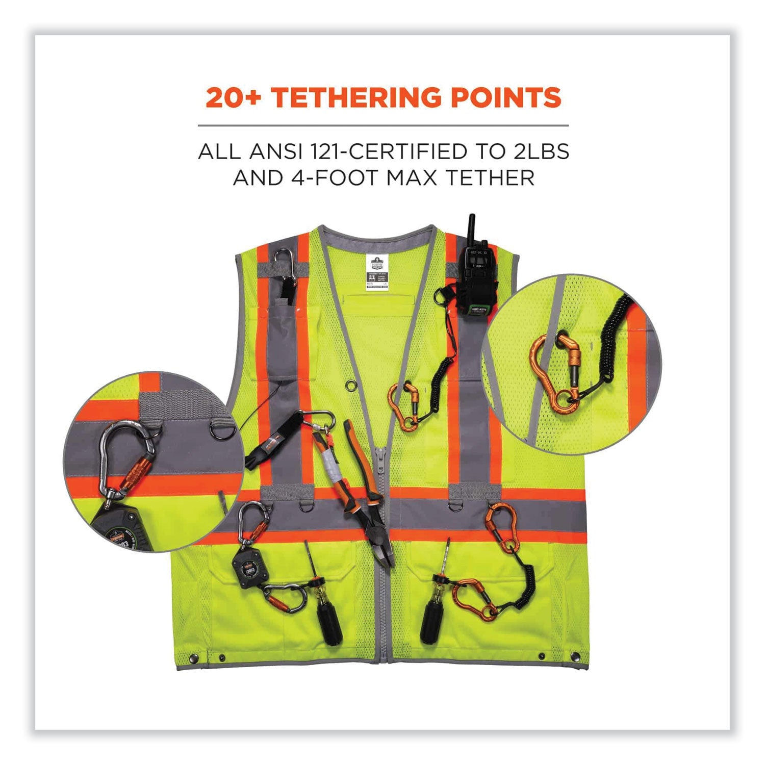 ergodyne GloWear 8231TV Class 2 Hi-Vis Tool Tethering Safety Vest, Polyester, Small/Medium, Lime (24173)