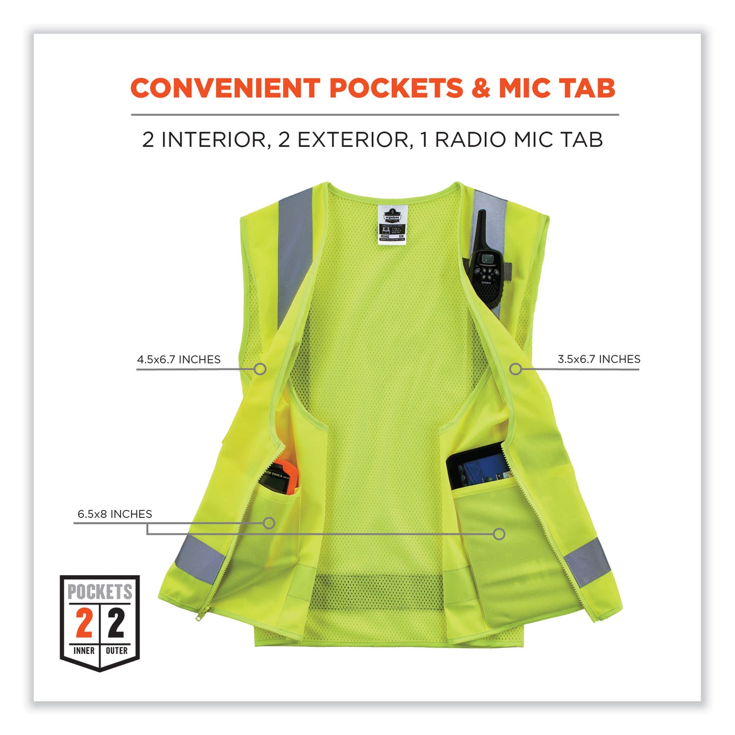 ergodyne GloWear 8249Z-S Single Size Class 2 Economy Surveyors Zipper Vest, Polyester, Medium, Lime (24503)