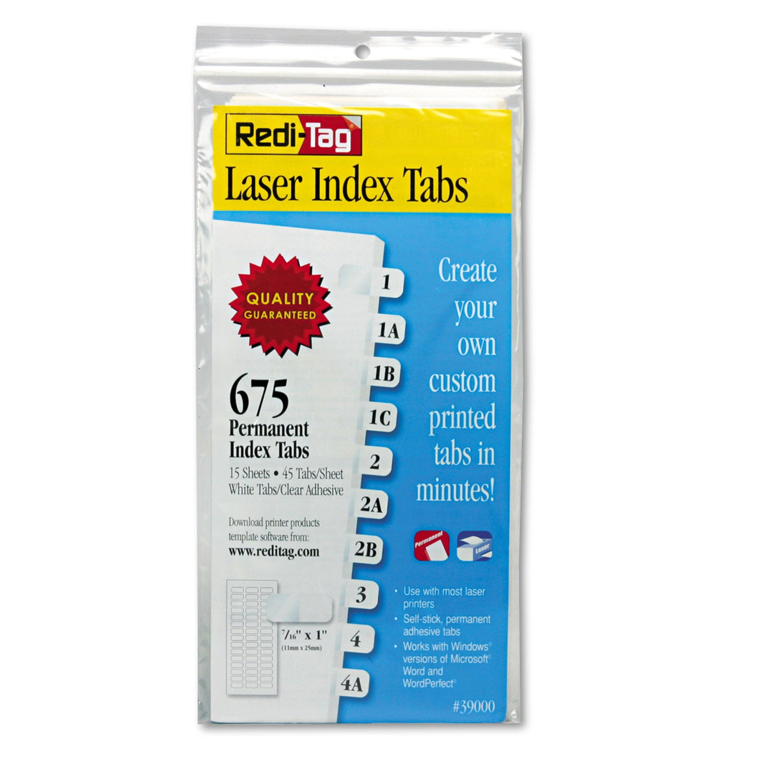 Redi-Tag Laser Printable Index Tabs, 1/12-Cut, White, 0.44" Wide, 675/Pack (39000)