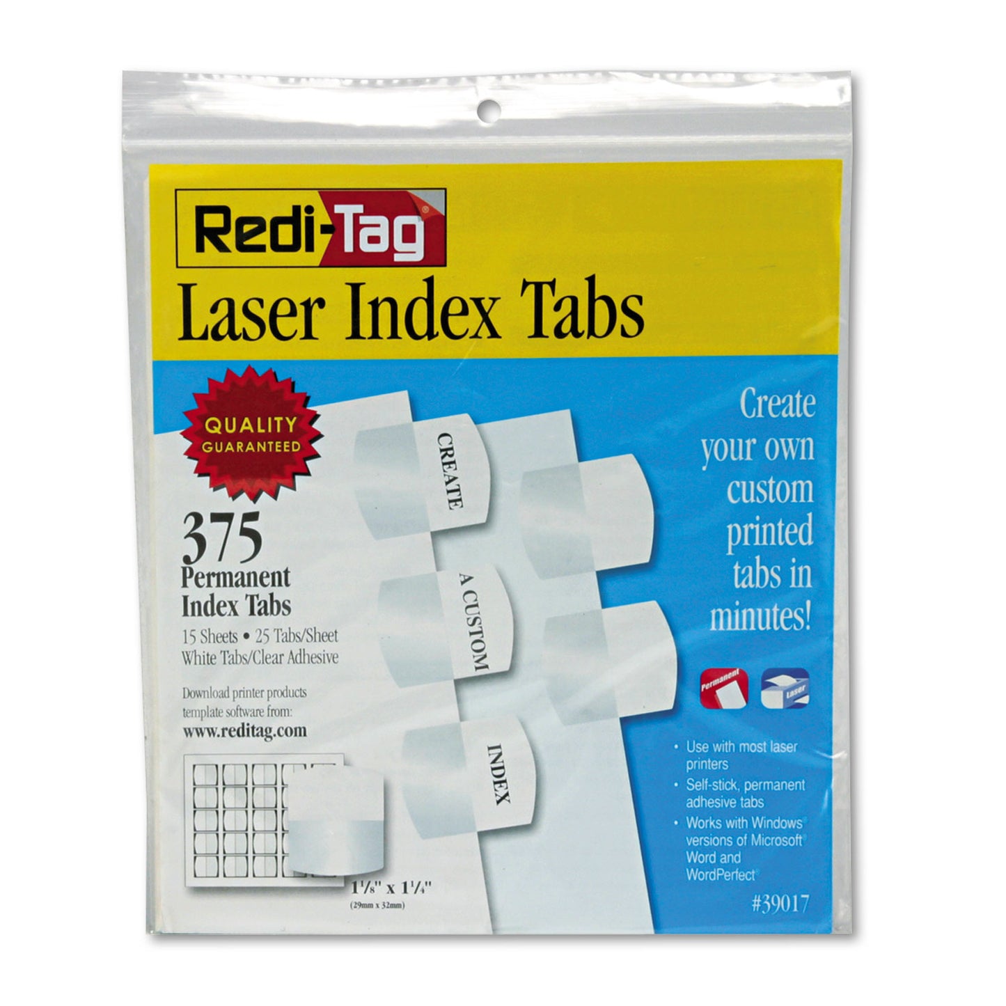 Redi-Tag Laser Printable Index Tabs, 1/5-Cut, White, 1.13" Wide, 375/Pack (39017)