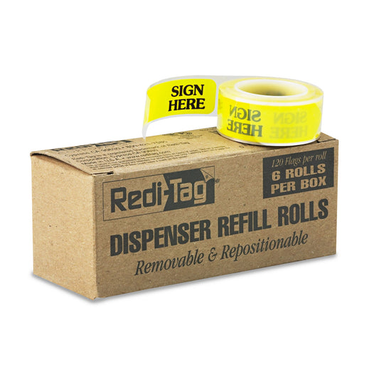 Redi-Tag Arrow Message Page Flag Refills, "Sign Here", Yellow, 120 Flags/Roll, 6 Rolls/Box (91001)