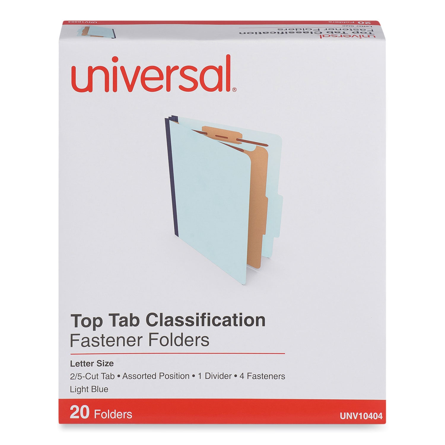 Universal Four-Section Pressboard Classification Folders, 1.75" Expansion, 1 Divider, 4 Fasteners, Letter Size, Light Blue, 20/Box (10404)