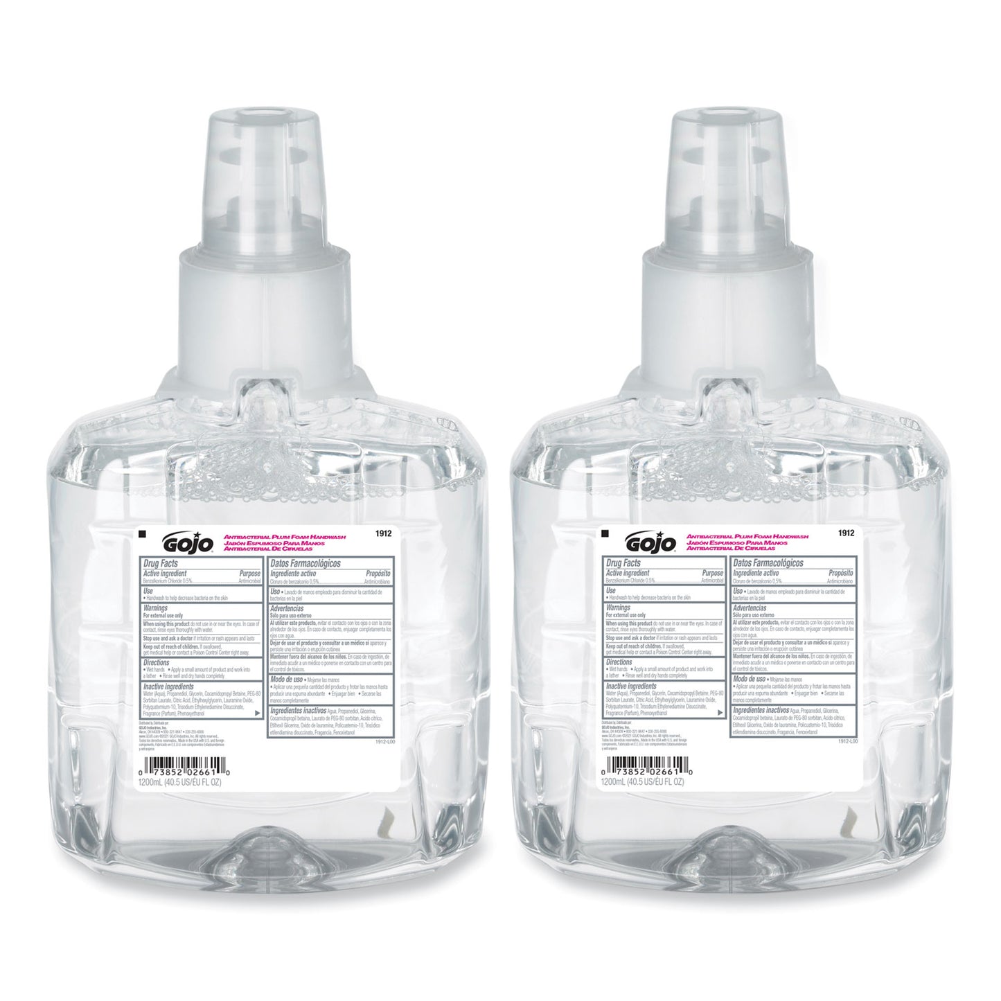 GOJO Antibacterial Foam Hand Wash Refill, For LTX-12 Dispenser, Plum Scent, 1,200 mL, 2/Carton (191202CT)