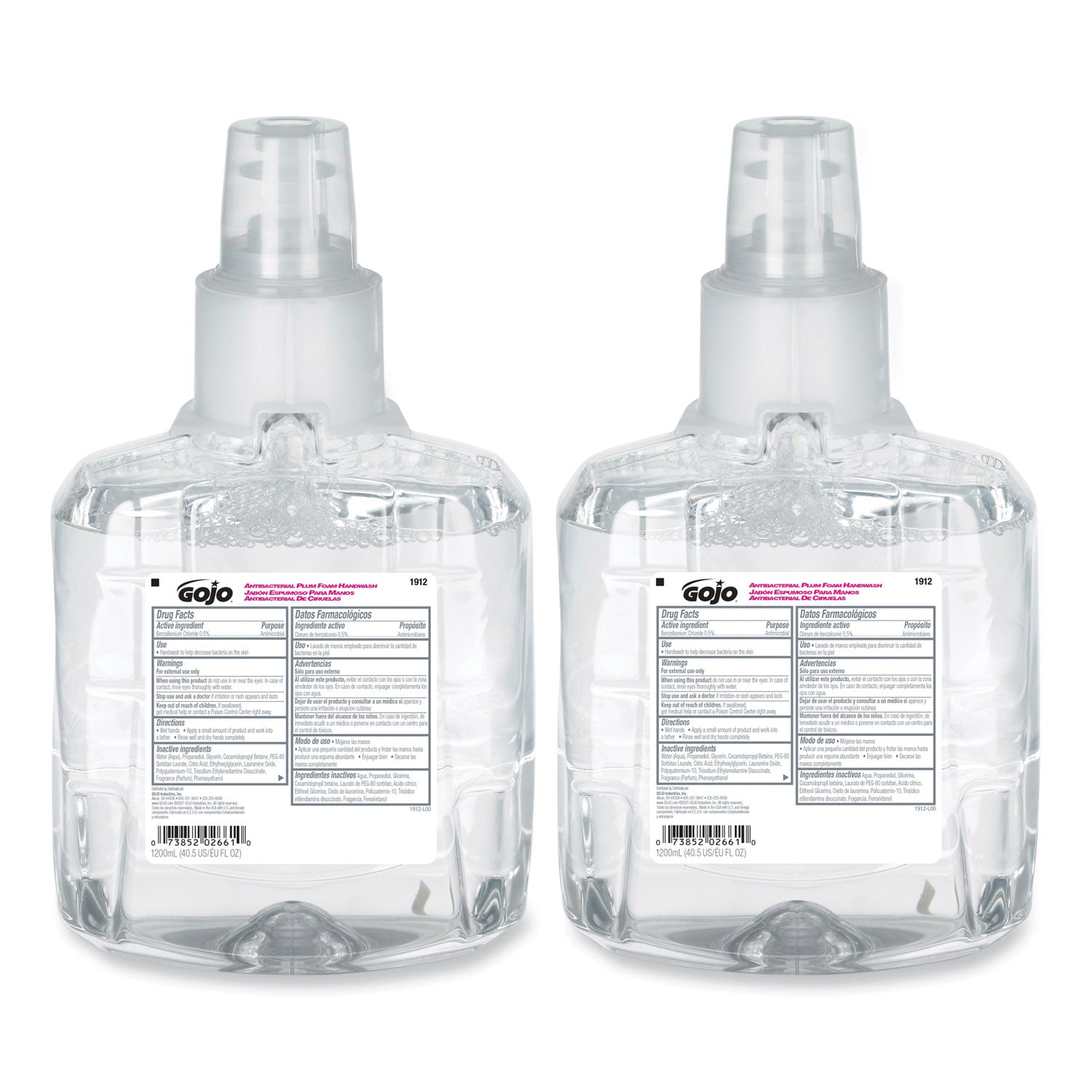 GOJO Antibacterial Foam Hand Wash Refill, For LTX-12 Dispenser, Plum Scent, 1,200 mL, 2/Carton (191202CT)