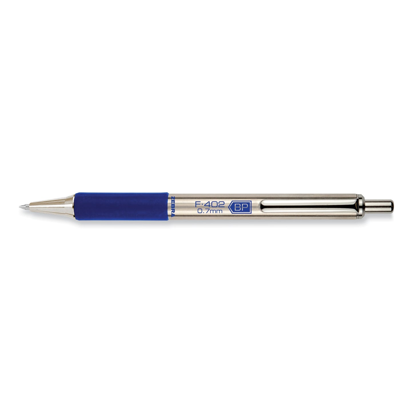 Zebra F-402 Ballpoint Pen, Retractable, Fine 0.7 mm, Blue Ink, Stainless Steel/Blue Barrel (29220)