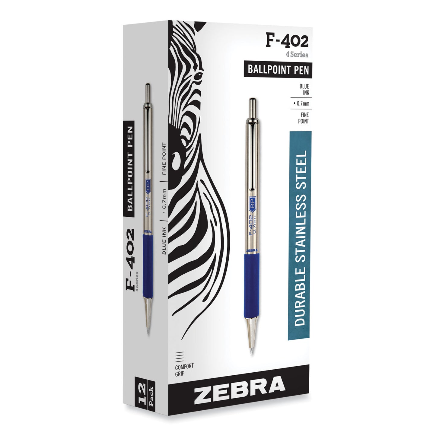 Zebra F-402 Ballpoint Pen, Retractable, Fine 0.7 mm, Blue Ink, Stainless Steel/Blue Barrel (29220)