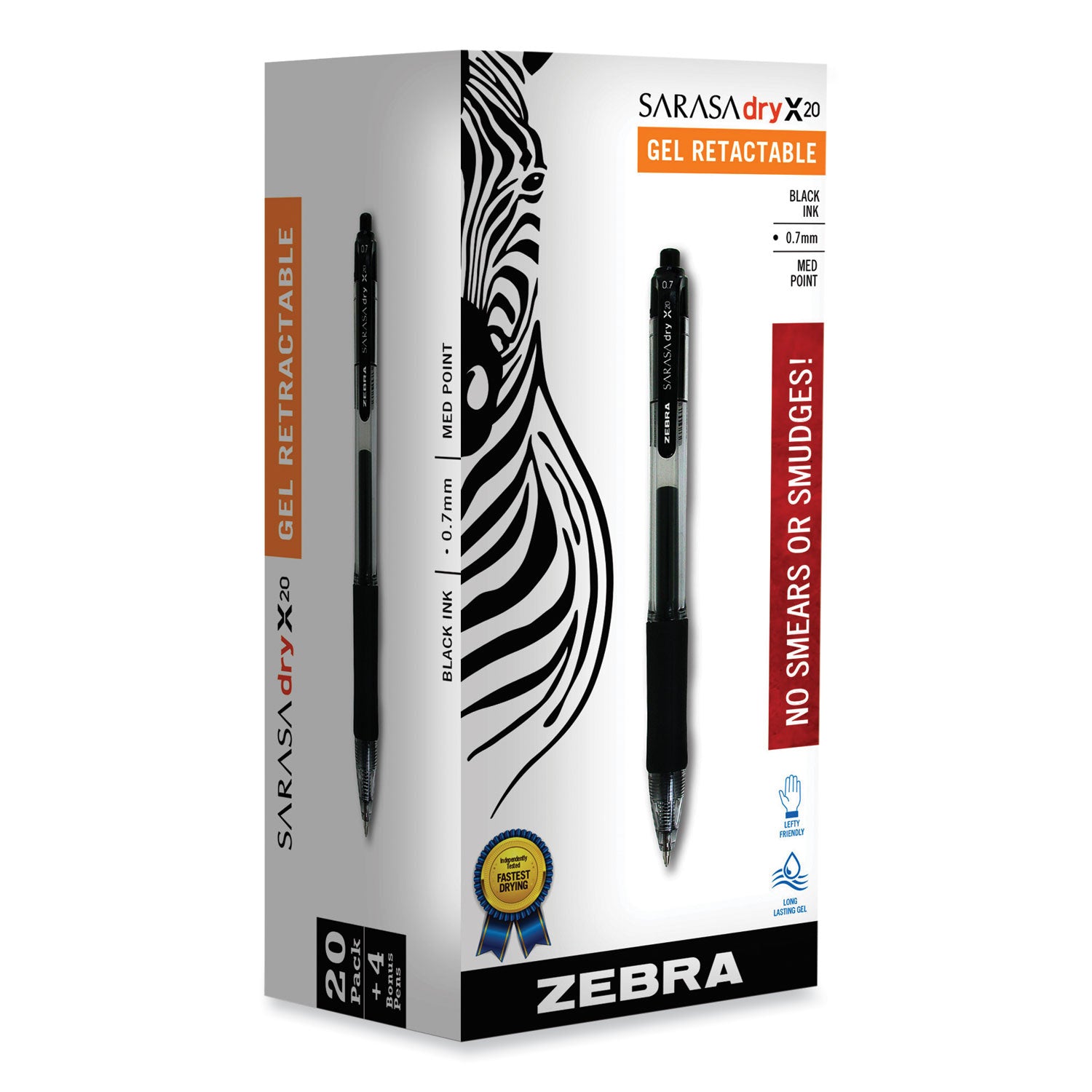 Zebra Sarasa Dry Gel X20 Gel Pen Value Pack, Retractable, Medium 0.7 mm, Black Ink, Clear/Black Barrel, 24/Box (14680)