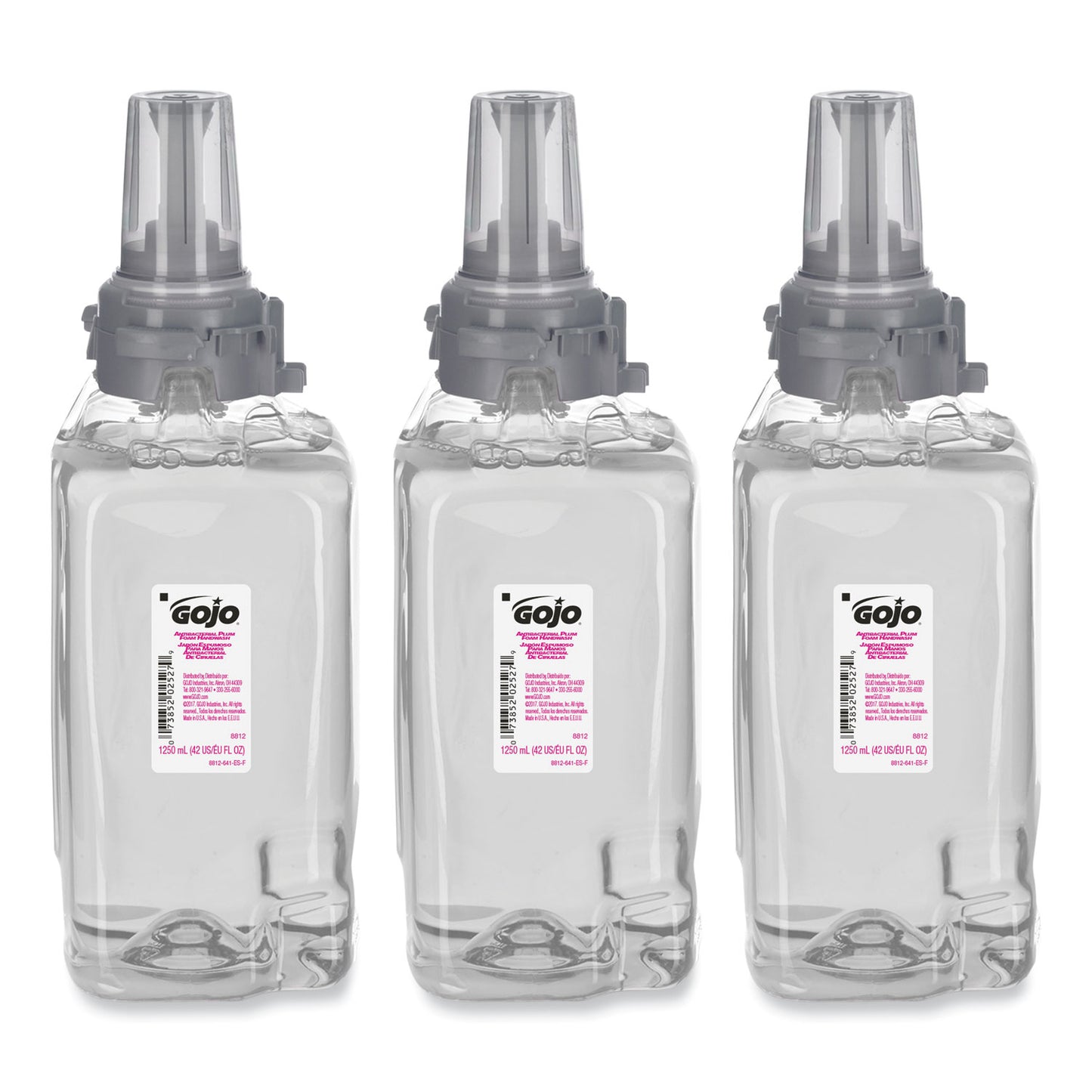 GOJO Antibacterial Foam Hand Wash Refill, For ADX-12 Dispenser, Plum Scent, 1,250 mL, 3/Carton (881203CT)