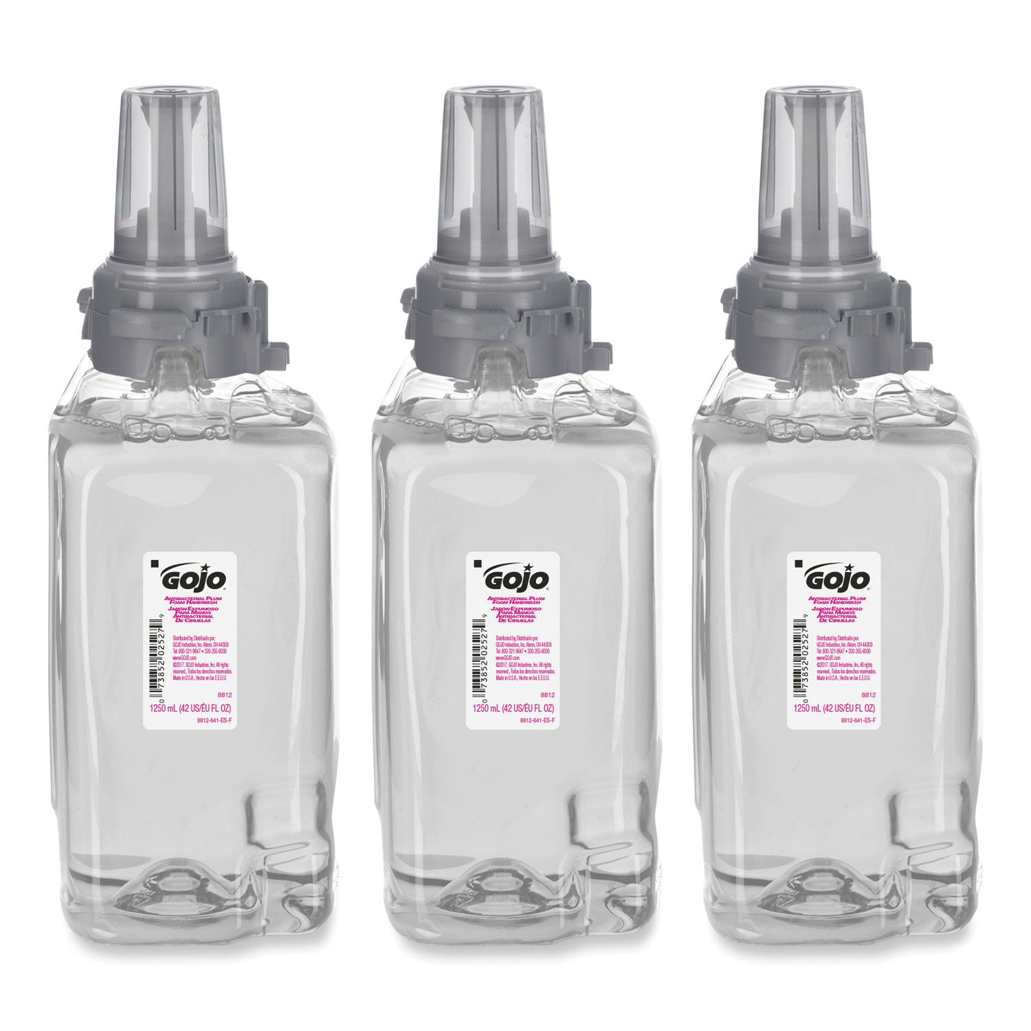 GOJO Antibacterial Foam Hand Wash Refill, For ADX-12 Dispenser, Plum Scent, 1,250 mL, 3/Carton (881203CT)