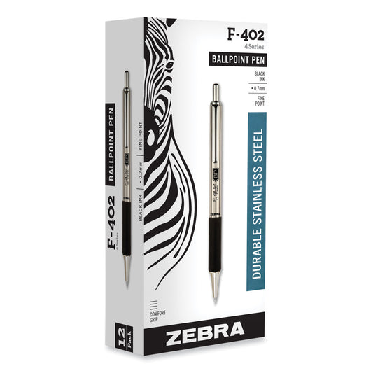 Zebra F-402 Ballpoint Pen, Retractable, Fine 0.7 mm, Black Ink, Stainless Steel/Black Barrel (29210)