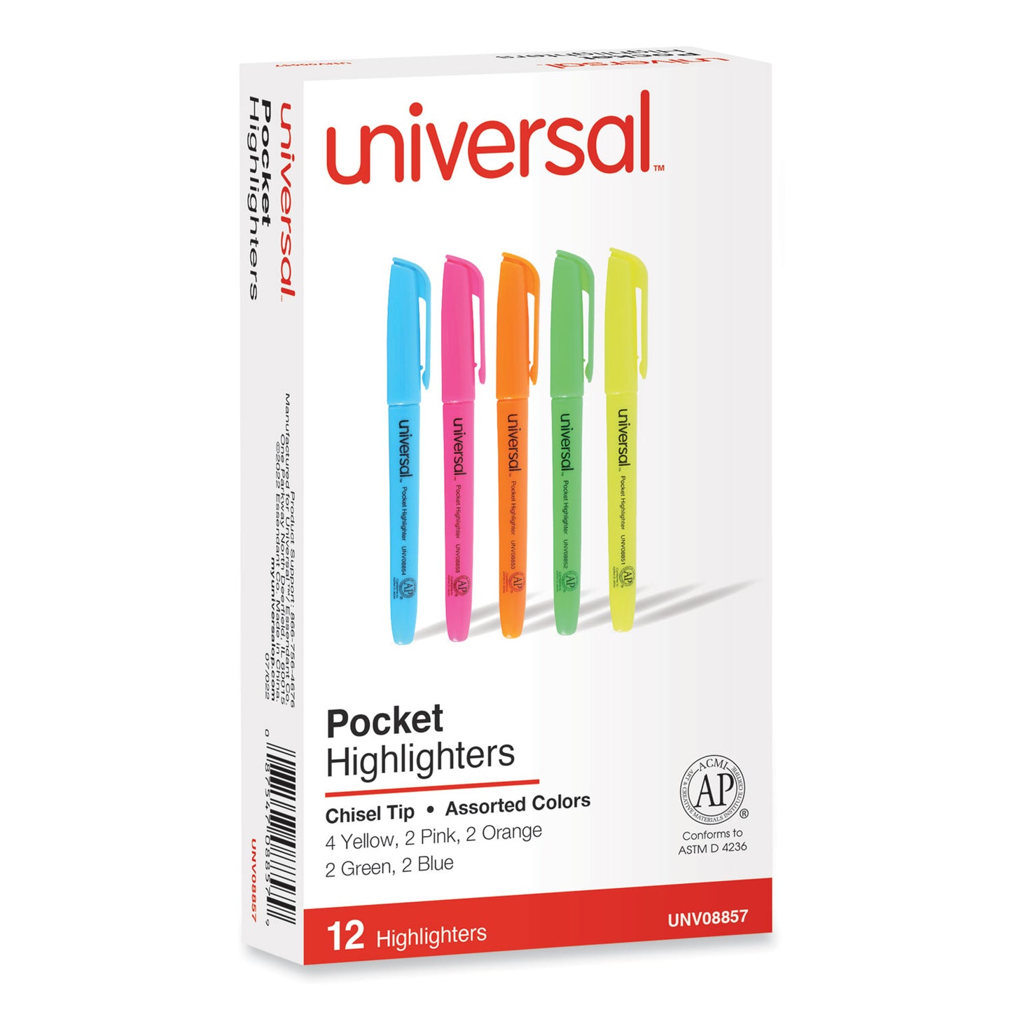 Universal Pocket Highlighters, Assorted Ink Colors, Chisel Tip, Assorted Barrel Colors, Dozen (08857)