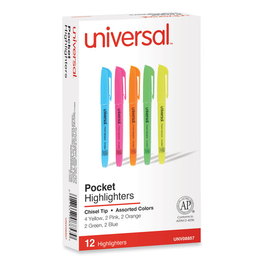 Universal Pocket Highlighters, Assorted Ink Colors, Chisel Tip, Assorted Barrel Colors, Dozen (08857)