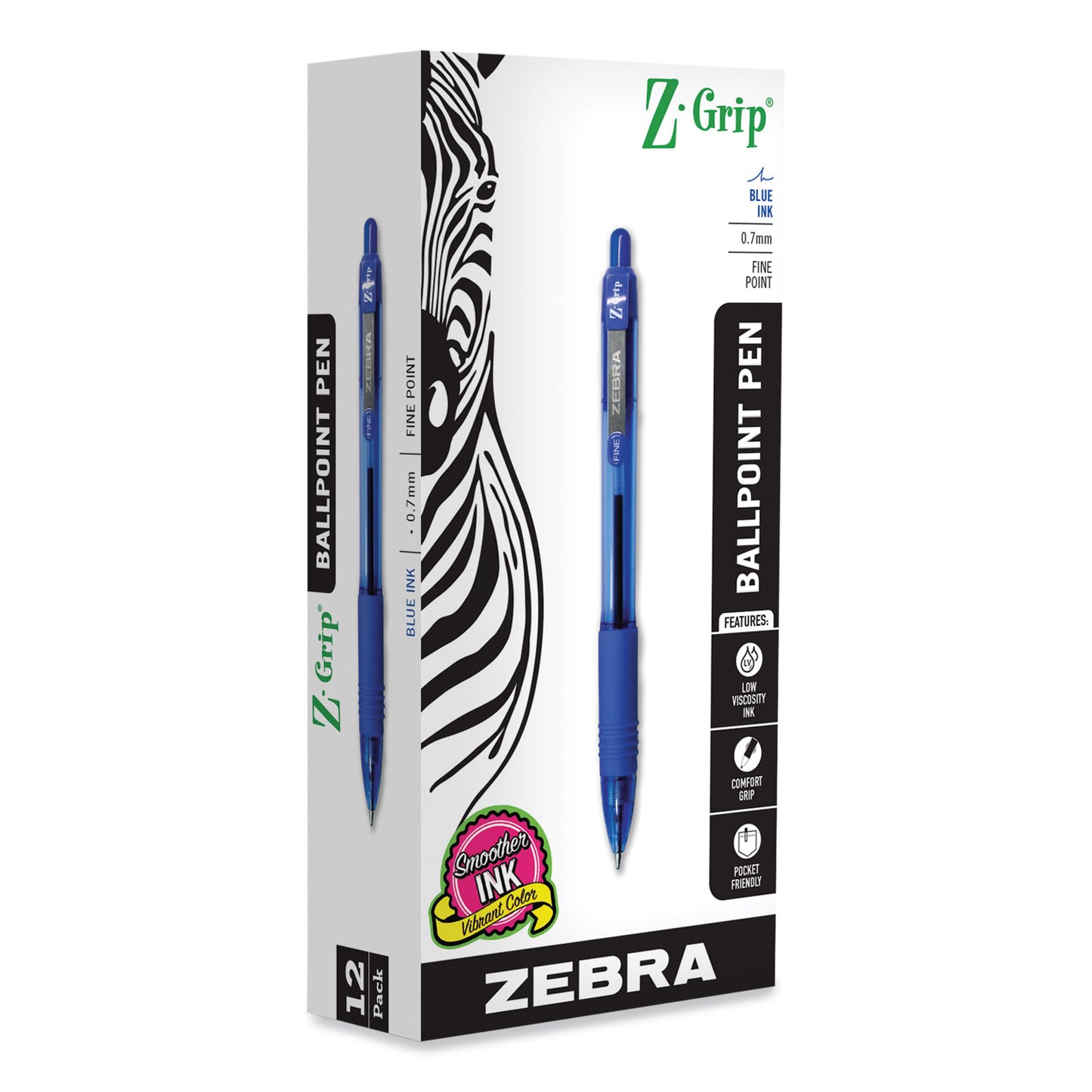 Zebra Z-Grip Ballpoint Pen, Retractable, Medium 0.7 mm, Blue Ink, Translucent Blue/Blue Barrel, 12/Pack (23920)