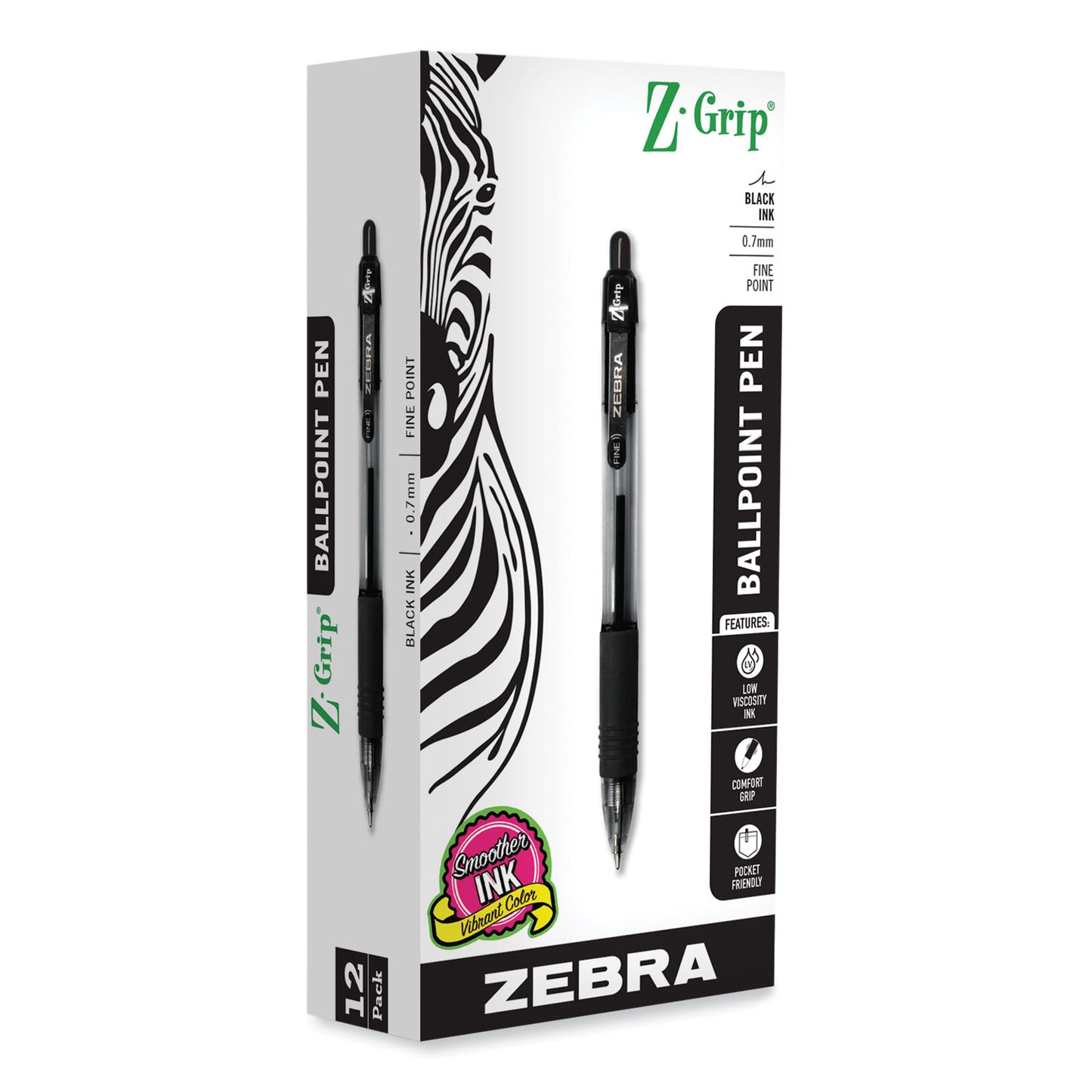 Zebra Z-Grip Ballpoint Pen, Retractable, Medium 0.7 mm, Black Ink, Clear/Black Barrel, 12/Pack (23910)