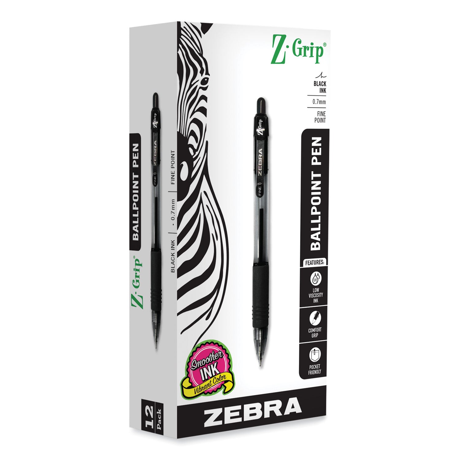 Zebra Z-Grip Ballpoint Pen, Retractable, Medium 0.7 mm, Black Ink, Clear/Black Barrel, 12/Pack (23910)