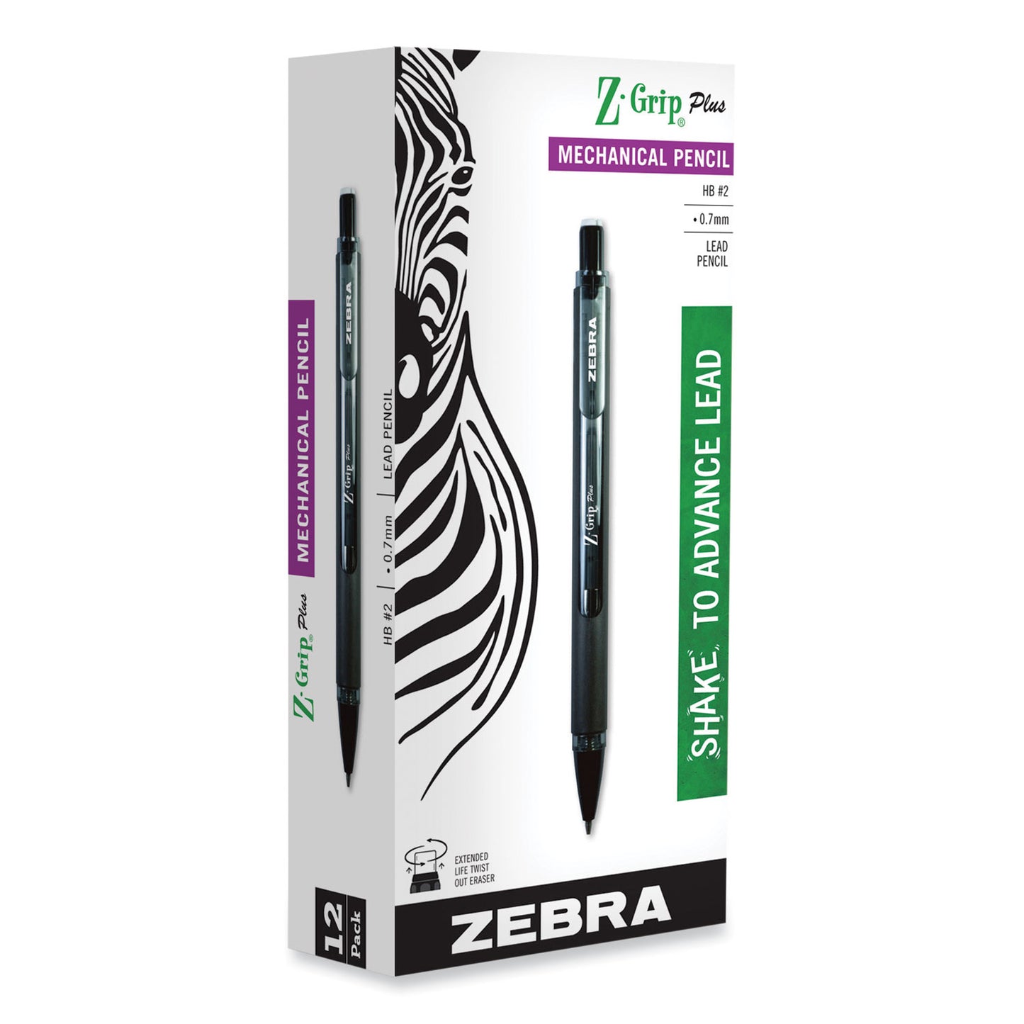 Zebra Z-Grip Plus Mechanical Pencil, 0.7 mm, HB (#2), Black Lead, Assorted Barrel Colors, Dozen (55410)