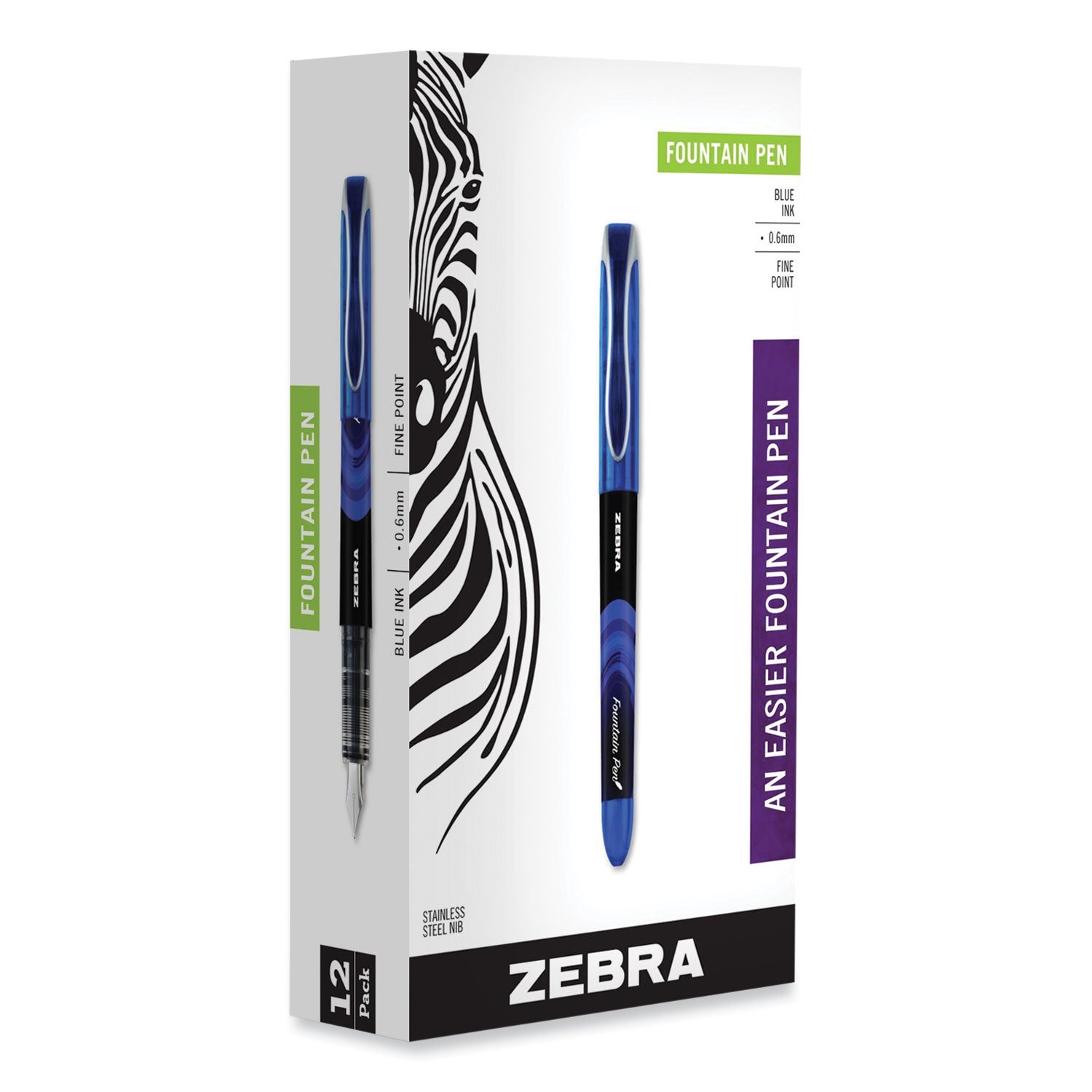 Zebra Fountain Pen, Fine 0.6 mm, Blue Ink, Black/Blue Barrel, 12/Pack (48320)