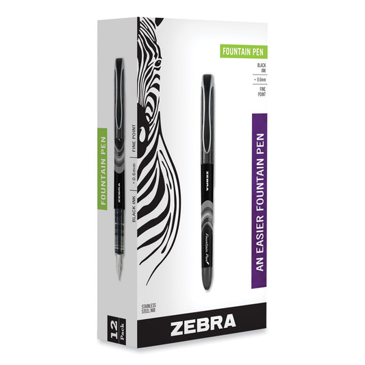 Zebra Fountain Pen, Fine 0.6 mm, Black Ink, Black/Gray Barrel, 12/Pack (48310)