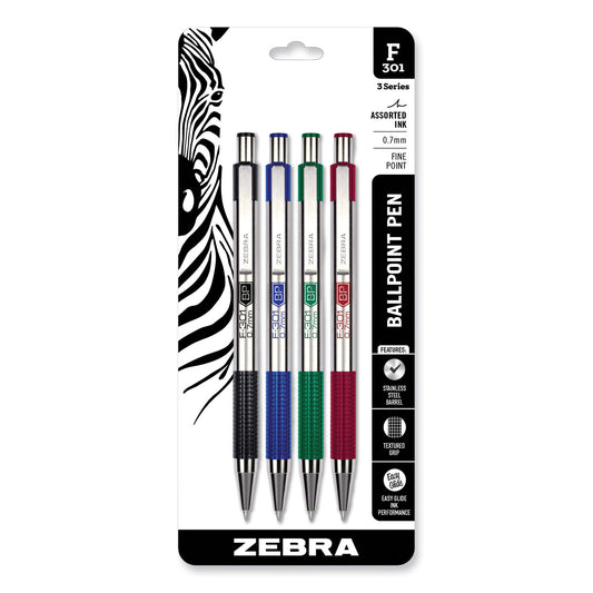 Zebra F-301 Ballpoint Pen, Retractable, Fine 0.7 mm, Assorted Ink and Barrel Colors, 4/Pack (27174)