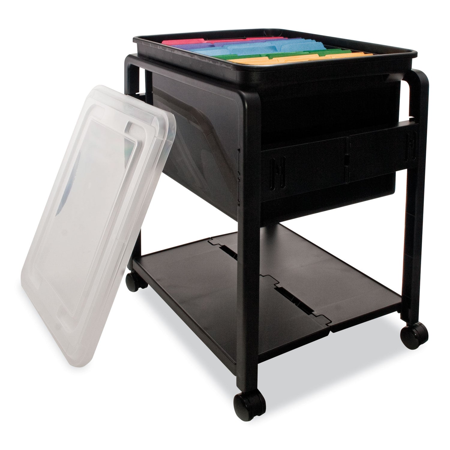 Advantus Folding Mobile File Cart, Plastic, 1 Shelf, 1 Bin, 14.5" x 18.5" x 21.75", Black (55758)