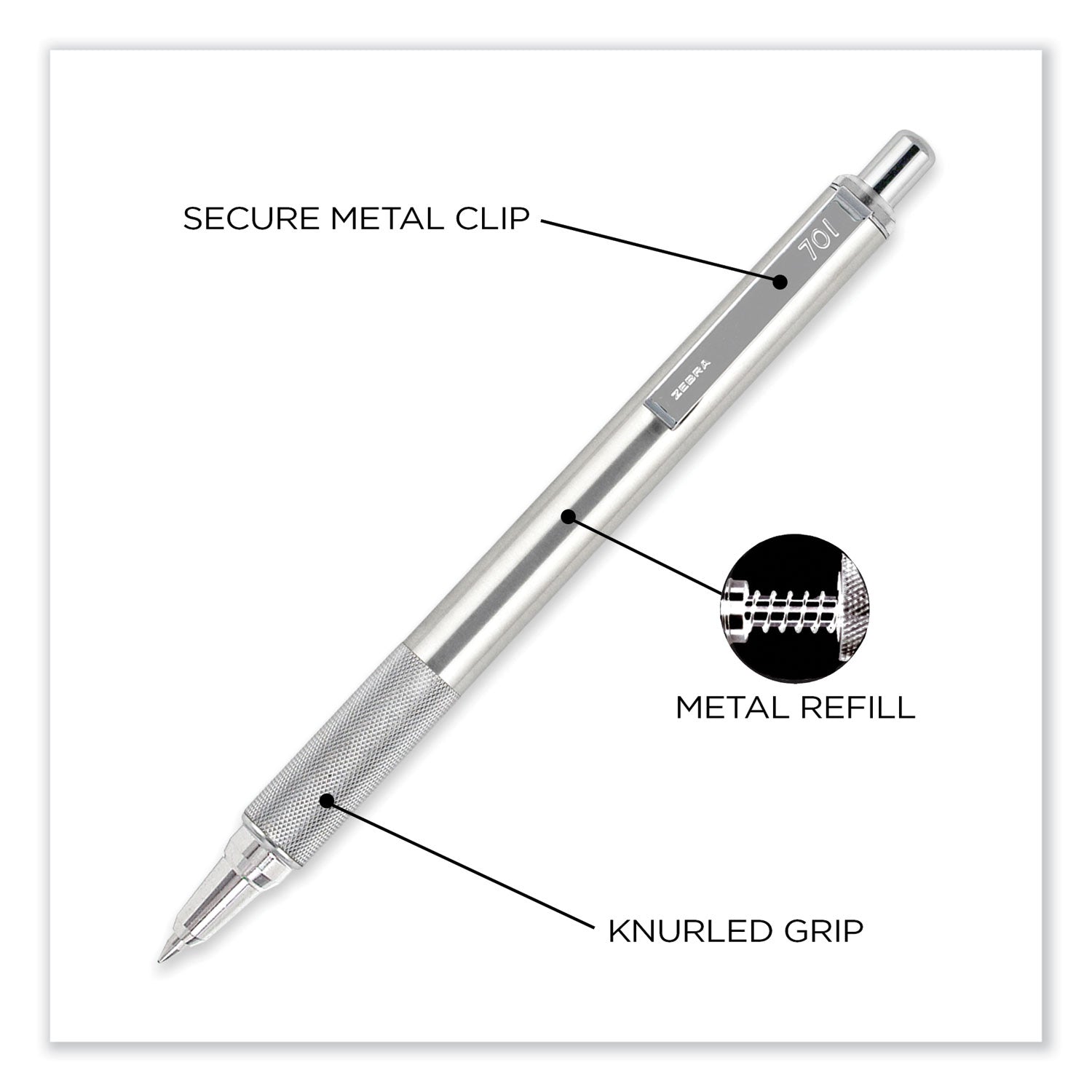 Zebra F-701 Ballpoint Pen, Retractable, Fine 0.7 mm, Black Ink, Stainless Steel/Black Barrel (29411)