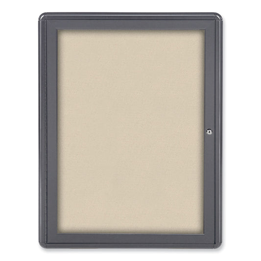 Ghent Ovation 1 Door Enclosed Beige Fabric Bulletin Board with Gray Frame, 24.13 x 33.75, Aluminum Frame (OVG1F90)