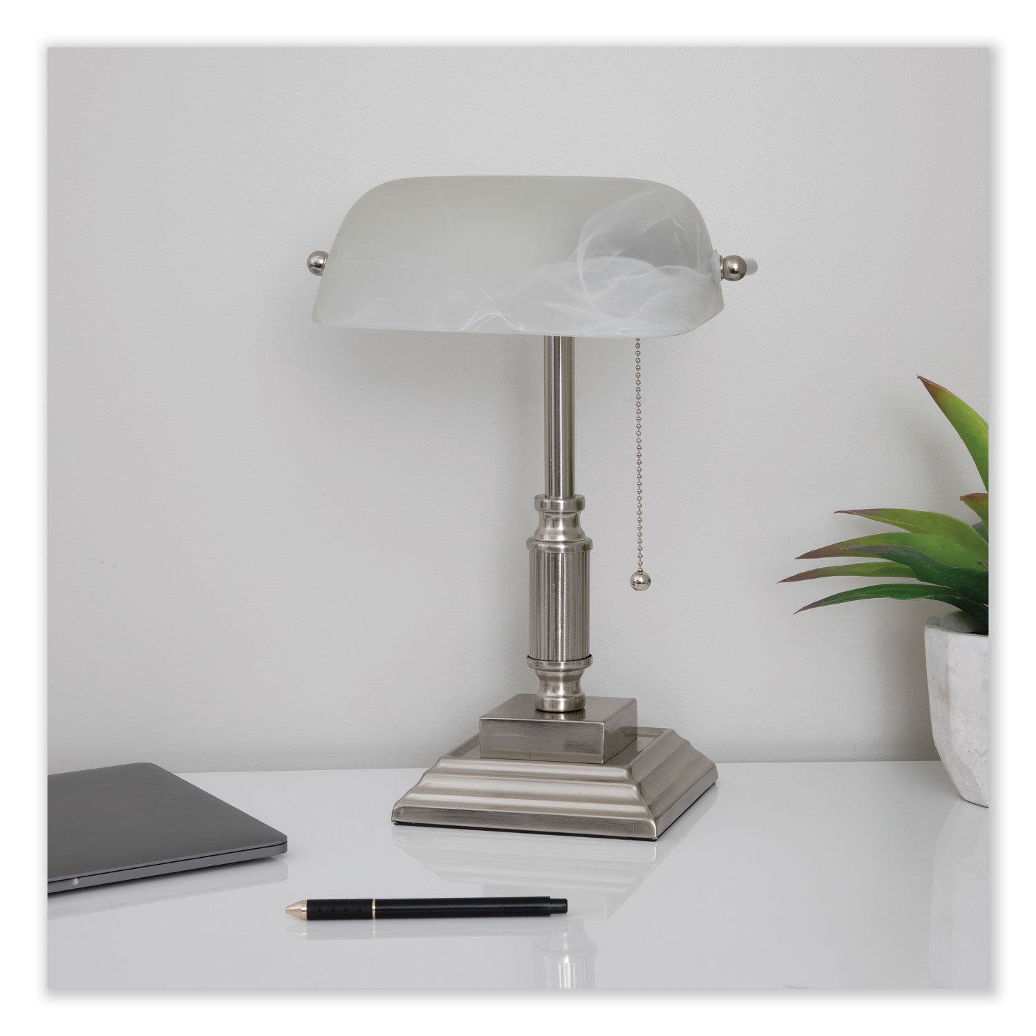 V-Light LED Bankers Lamp with Frosted Shade, 14.75" High, Brushed Nickel (8VS688029BN)