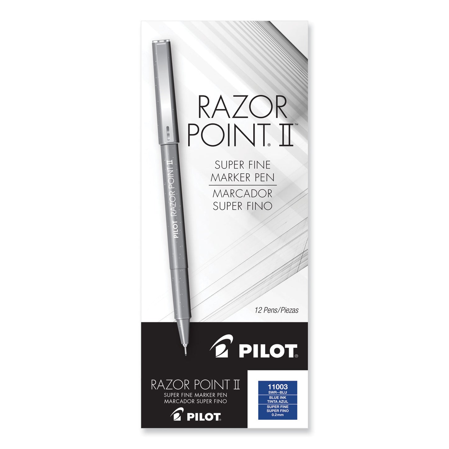 Pilot Razor Point II Super Fine Line Porous Point Pen, Stick, Ultra-Fine 0.2 mm, Blue Ink, Blue Barrel, Dozen (11003)