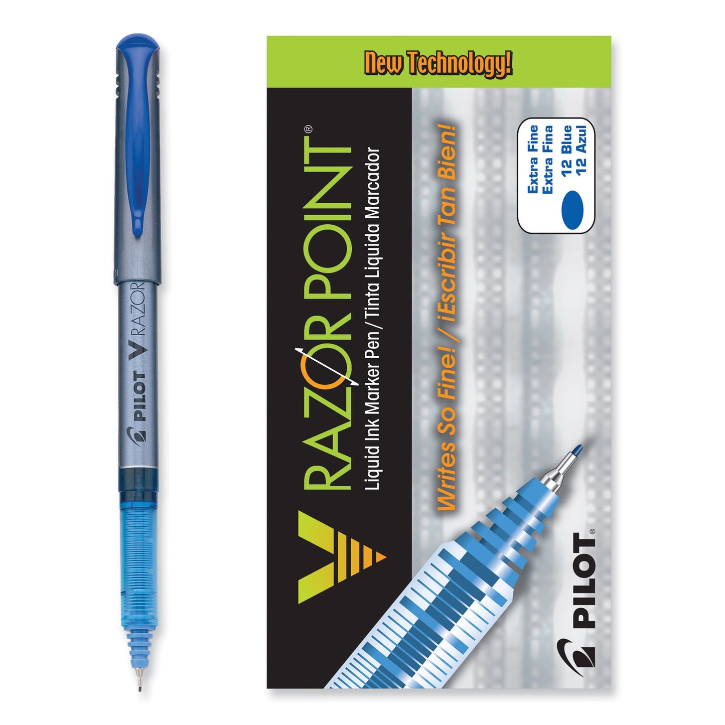 Pilot V Razor Point Liquid Ink Porous Point Pen, Stick, Extra-Fine 0.5 mm, Blue Ink, Gray/Translucent Blue Barrel, Dozen (11021)