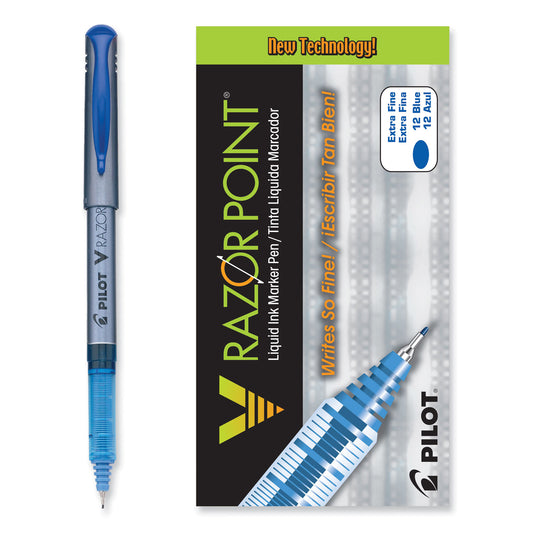 Pilot V Razor Point Liquid Ink Porous Point Pen, Stick, Extra-Fine 0.5 mm, Blue Ink, Gray/Translucent Blue Barrel, Dozen (11021)