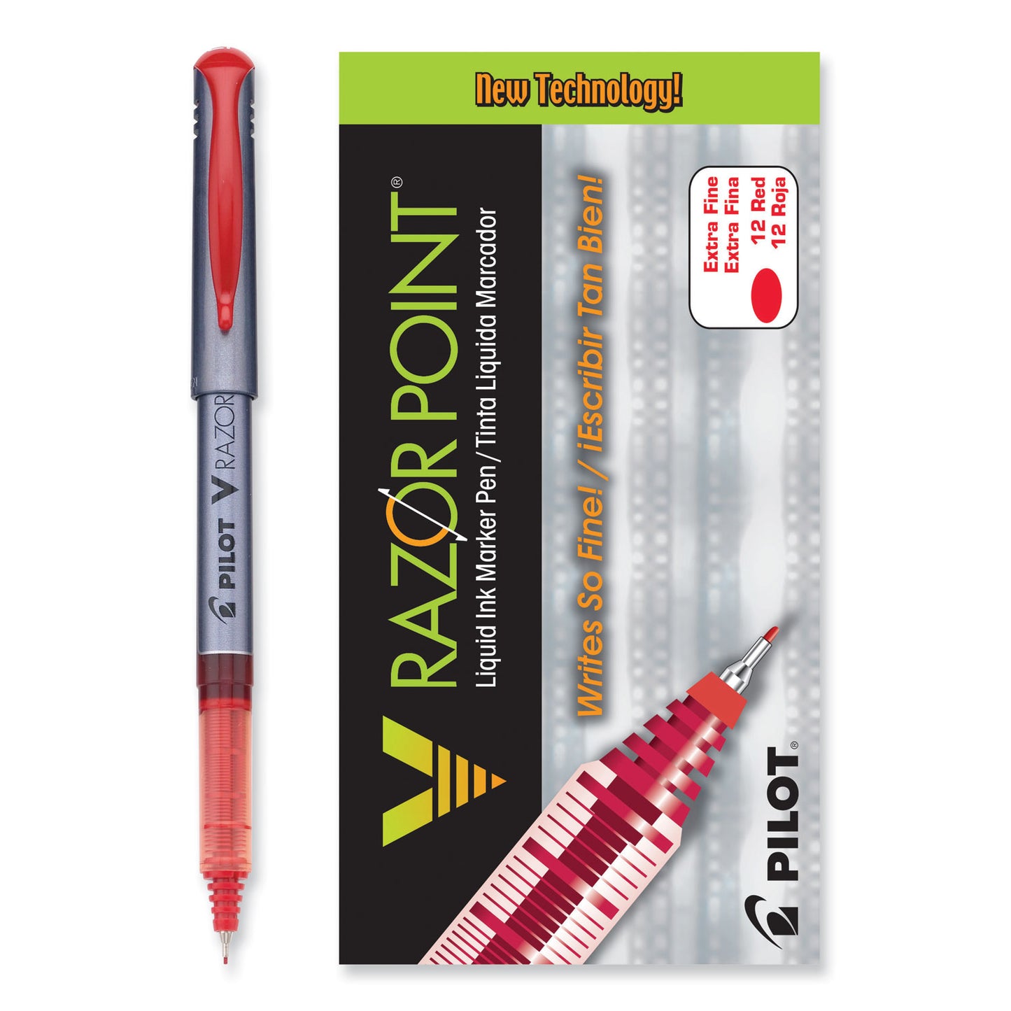 Pilot V Razor Point Liquid Ink Porous Point Pen, Stick, Extra-Fine 0.5 mm, Red Ink, Gray/Translucent Red Barrel, Dozen (11022)