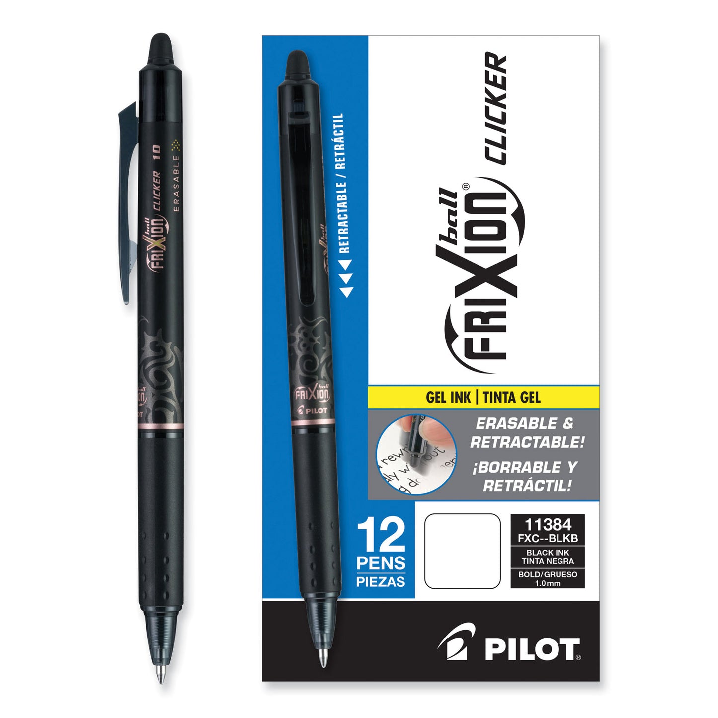 Pilot FriXion Clicker Erasable Gel Pen, Retractable, Bold 1 mm, Black Ink, Black Barrel, Dozen (11384)