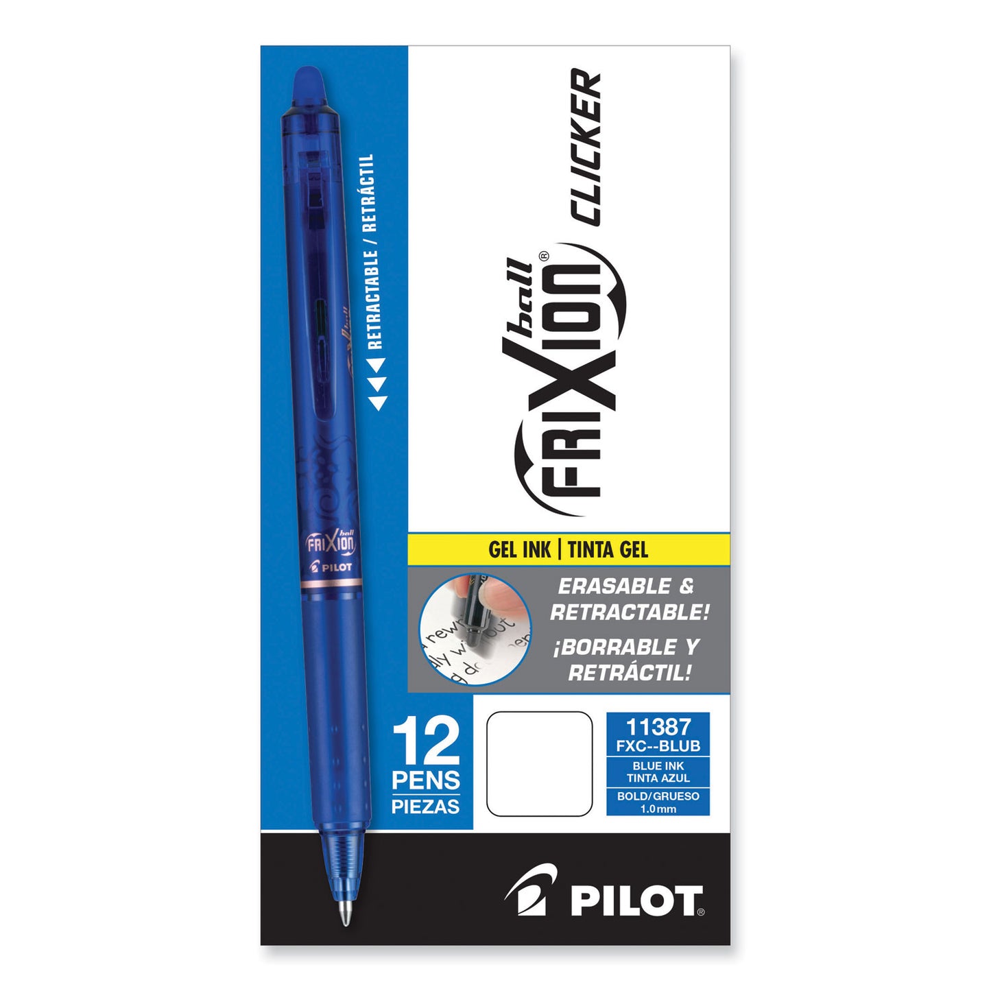 Pilot FriXion Clicker Erasable Gel Pen, Retractable, Bold 1 mm, Blue Ink, Blue Barrel, Dozen (11387)