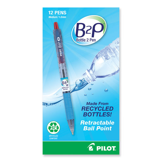 Pilot B2P Bottle-2-Pen Recycled Ballpoint Pen, Retractable, Medium 1 mm, Red Ink, Translucent Blue Barrel, Dozen (32802)