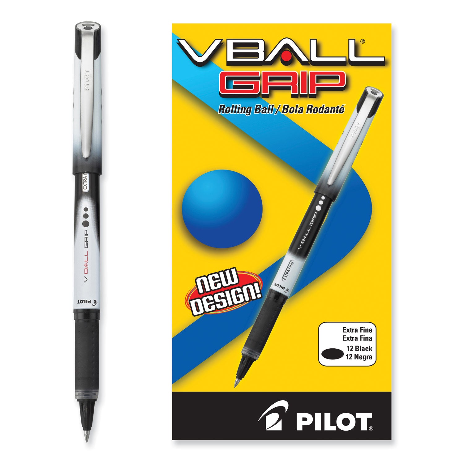 Pilot VBall Grip Liquid Ink Roller Ball Pen, Stick, Extra-Fine 0.5 mm, Black Ink, Black/White Barrel, Dozen (35470)