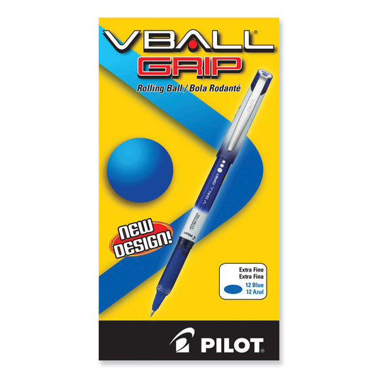 Pilot VBall Grip Liquid Ink Roller Ball Pen, Stick, Extra-Fine 0.5 mm, Blue Ink, Blue/White Barrel, Dozen (35471)