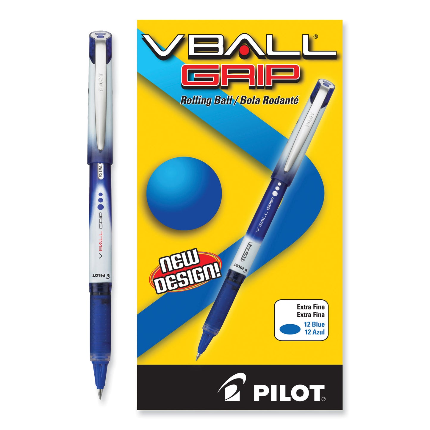 Pilot VBall Grip Liquid Ink Roller Ball Pen, Stick, Extra-Fine 0.5 mm, Blue Ink, Blue/White Barrel, Dozen (35471)