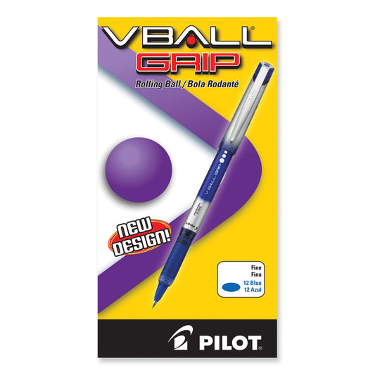 Pilot VBall Grip Liquid Ink Roller Ball Pen, Stick, Fine 0.7 mm, Blue Ink, Blue/Silver Barrel, Dozen (35571)