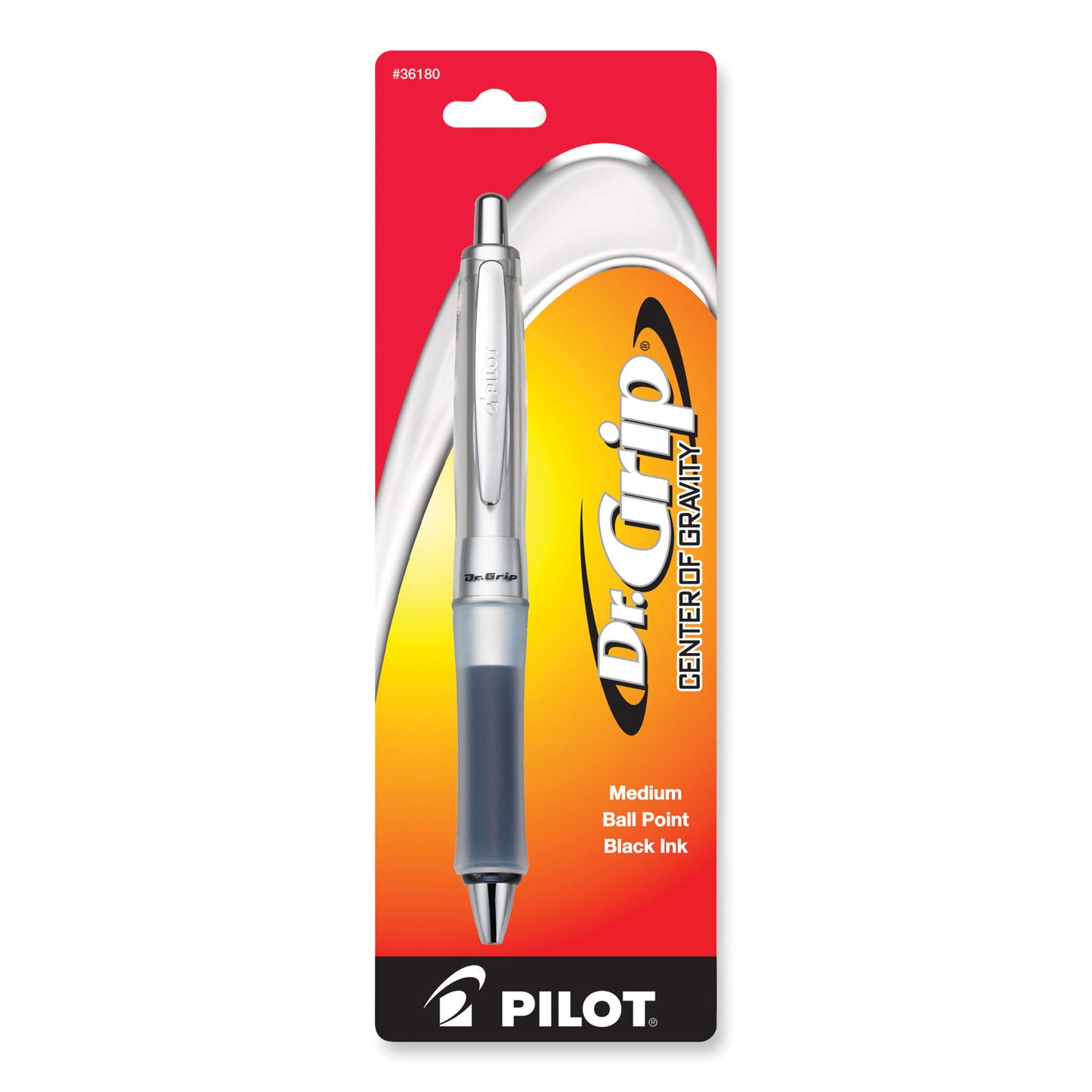 Pilot Dr. Grip Center of Gravity Ballpoint Pen, Retractable, Medium 1 mm, Black Ink, Silver/Charcoal Grip Barrel (36180)