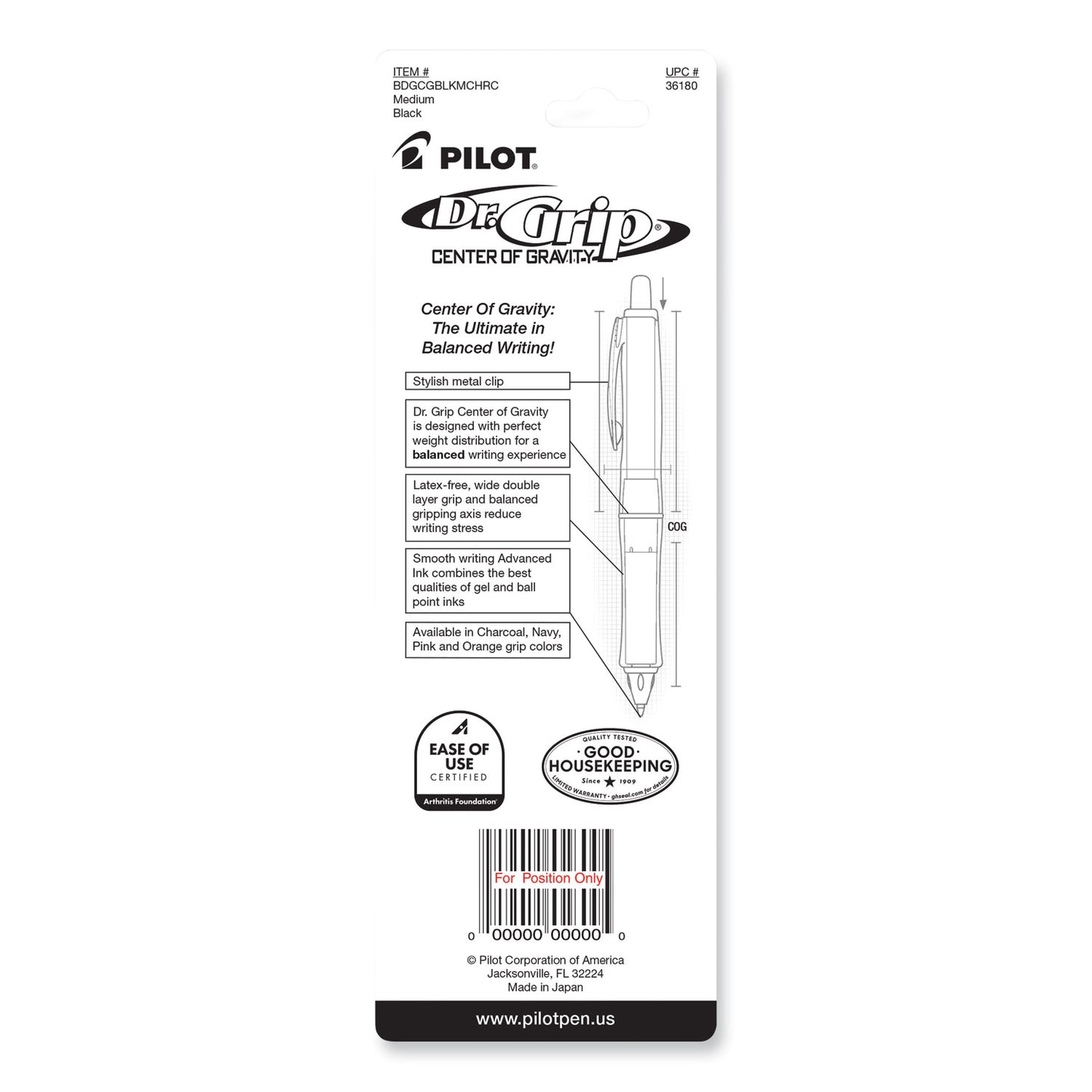 Pilot Dr. Grip Center of Gravity Ballpoint Pen, Retractable, Medium 1 mm, Black Ink, Silver/Charcoal Grip Barrel (36180)